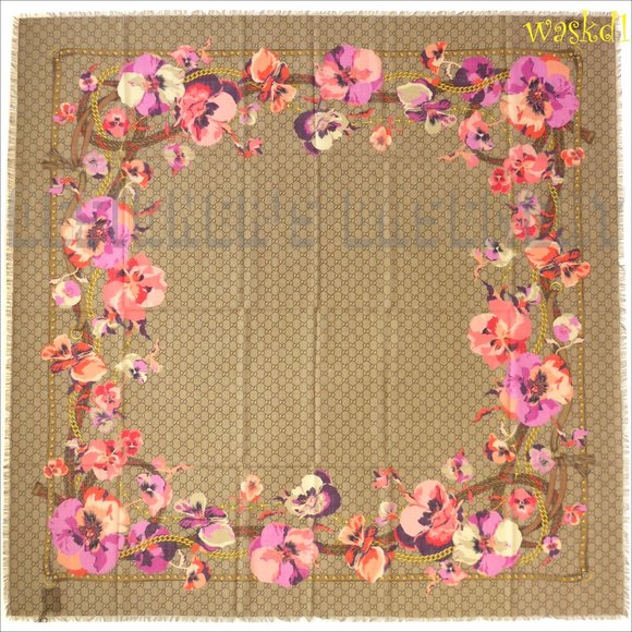 GUCCI pink Oshibana Flowers PANSHIE GG gold Chains giant 53"-square wool scarf - Picture 2 of 10